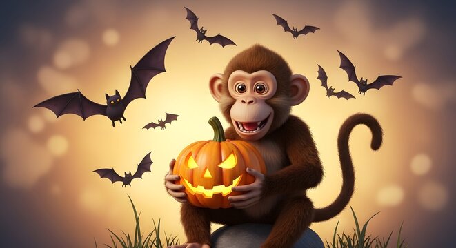 Spooky monkey with a glowing jack-o'-lantern and bats in the moonlight for Halloween