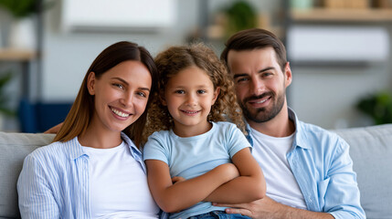 Obraz premium Close-up of a happy family enjoying comfortable temperature in a room with an air conditioner, home comfort concept, family AC photography, indoor cooling lifestyle, defocused