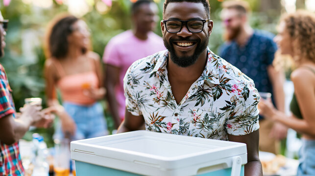 Close-up of a man with a cooler box at a summer party laughing with friends around him, social summer concept, party cooler photography, outdoor gathering lifestyle, defocused