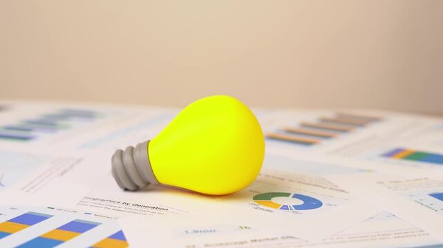 Light bulb idea on documents with graphs and reports. Creativity, innovation, startup vision, problem solving, education, design concepts, and personal productivity strategies.