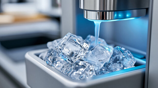 Close-up of a modern ice maker dispensing fresh ice cubes, kitchen technology concept, ice maker photography, home appliance visualization, defocused background, with copy space