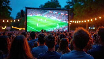 People watch soccer match on big screen outdoors at night. Crowd gathers in park with festive string lights. Fans cheer football game on large display.