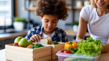 Fototapeta premium Close-up of a mother and son packing a school lunch in a modern kitchen, school lunch concept, kitchen packing photography, healthy meal prep lifestyle, defocused background, with