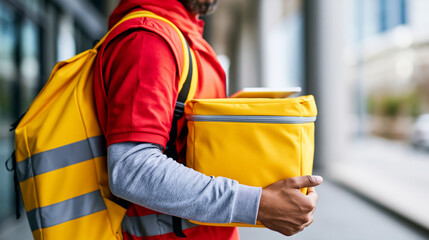 Obraz premium Close-up of a delivery man in a red vest uniform holding a yellow thermal food bag backpack, courier service concept, food bag photography, delivery worker lifestyle, defocused