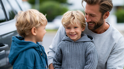 Naklejka premium Close-up of a father meeting his little boys near his car outdoors, family reunion concept, father and sons photography, happy fatherhood visualization, defocused background, with