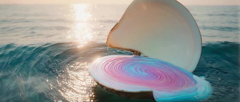 Abstract Giant Clam Opening to Reveal Swirling Soft Pink Liquid Pearl
