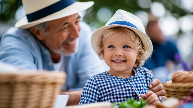 Close-up of a toddler and grandfather having a picnic together outdoors, intergenerational picnic concept, grandfather child photography, family bonding lifestyle, defocused