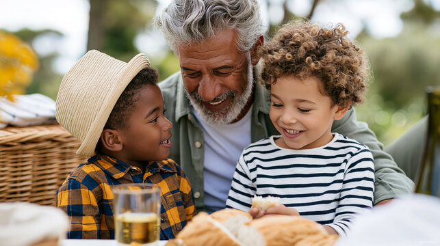 Close-up of a toddler and grandfather having a picnic together outdoors, intergenerational picnic concept, grandfather child photography, family bonding lifestyle, defocused