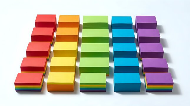 Colorful stacked boxes arranged in five columns of red, yellow, green, blue, and purple isolated on white background for design projects.