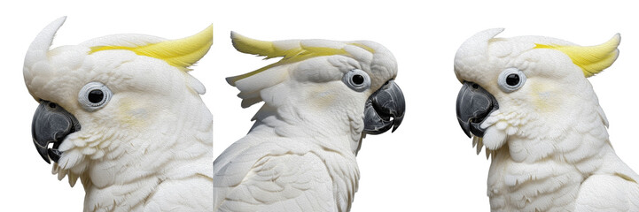 Set of an exotic white Cockatoo bird, featuring detailed feathers and expressive features for wildlife, animal, and nature design, isolated on transparent PNG background © made man
