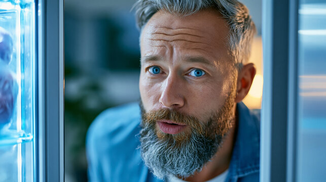 Close-up of a man looking into an empty refrigerator with a surprised expression, food supply concept, empty fridge photography, daily life visualization, defocused background,