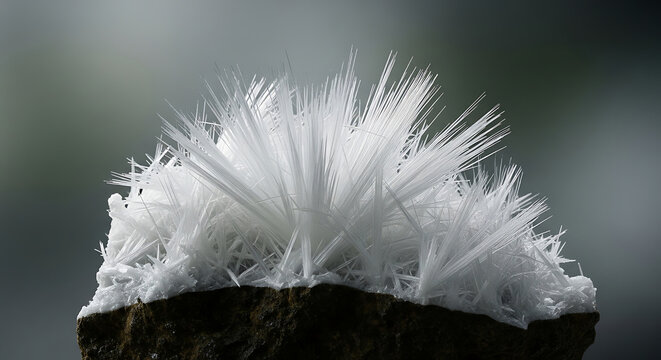 Macro shot of white chrysotile asbestos mineral fibers on rock showcasing the needlelike crystalline structure that causes health hazards cancer and lung disease