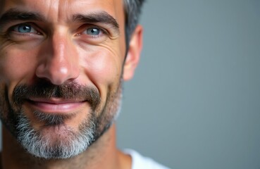 Fototapeta premium Mature man smiles. Close up portrait shows healthy clear skin and gentle expression. Beard and blue eyes are visible. Focus on facial features and grooming.