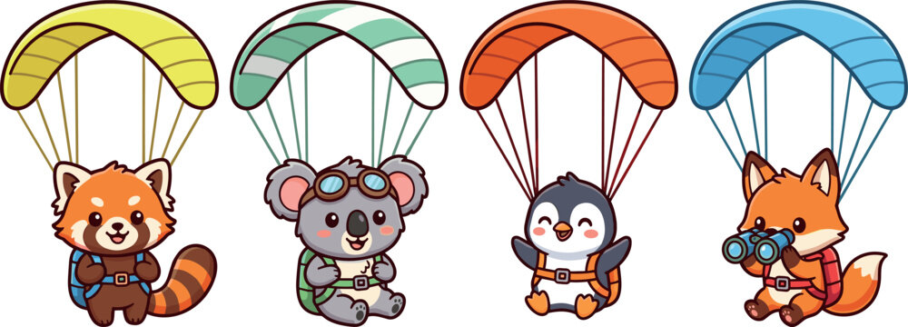 Cute Cartoon Animals Skydiving Vector Element Set Featuring Red Panda Koala Bear Penguin and Fox Parachuting in Colorful Paragliding Equipment