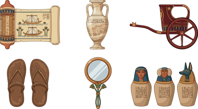 Ancient Egyptian Artifacts Vector Icon Set Featuring Papyrus Scroll Marble Amphora Vase War Chariot Leather Sandals Hand Mirror and Canopic Jars