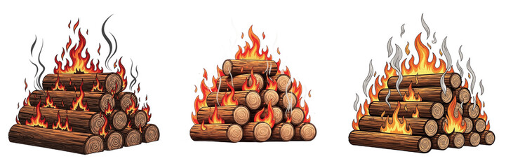Set of a large rustic outdoor bonfire pile with glowing embers and wooden logs, perfect for camping, autumn, and adventure themes, isolated on transparent PNG background © made man