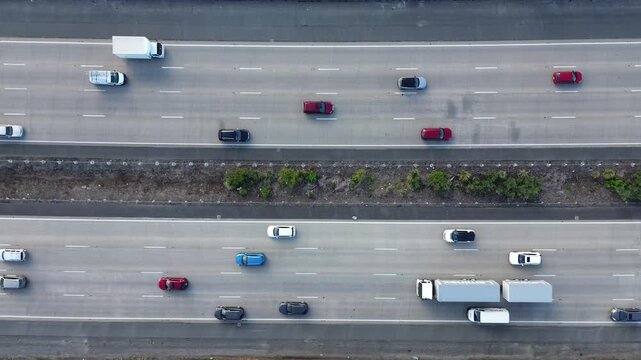 Aerial Top Down View of Multi Lane Highway Traffic Flow and Moving Vehicles in Australia