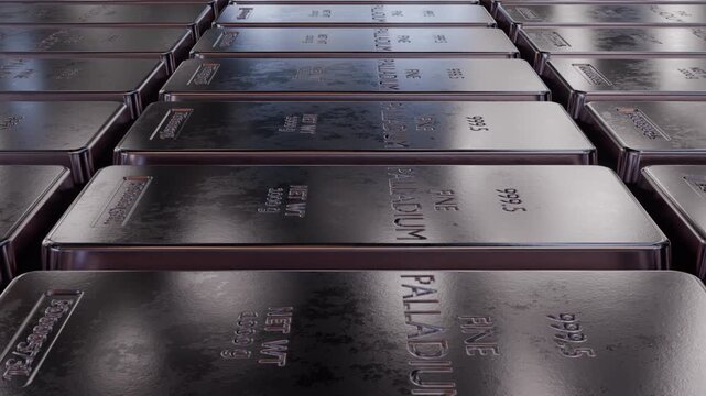 Detailed palladium bullion animation highlighting commodity markets and industrial value. Realistic metallic surfaces and loop motion. Part of series.