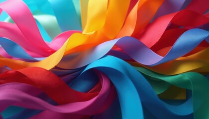 Obraz premium Colorful ribbons swirl creating abstract background. Bright, flowing silk strips in many shades weave together in dynamic pattern. Celebration, art, and design elements.