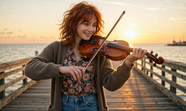 Cheerful young woman musician plays violin on a pier under a golden sunset.