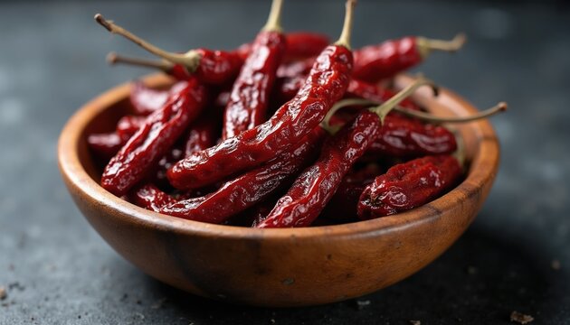 Dried red chili peppers in wooden bowl. These chilies have a rich flavor. Use them for cooking spicy dishes. Great for adding heat and taste.