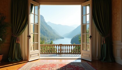 Obraz premium View from interior opens to expansive lake, rich green mountains under clear blue sky. Balcony with wooden railing overlooks serene water. Sunlight streams on ornate rug.