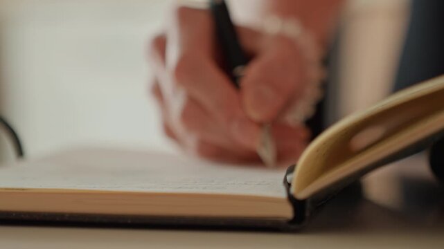 Hands jotting in notebook. Focused hand movements recording diet and exercise information precisely. Detailed closeup of hands documenting fitness routines alongside meal tracking in warm setting
