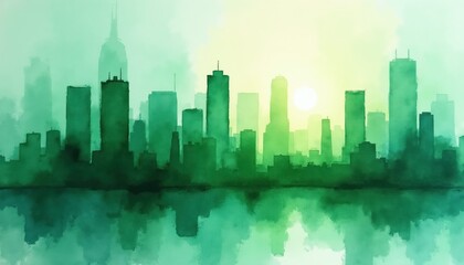 Fototapeta premium Green city skyline with skyscrapers reflected in water. Watercolor art shows urban landscape with sun and misty sky. Modern abstract eco city view.