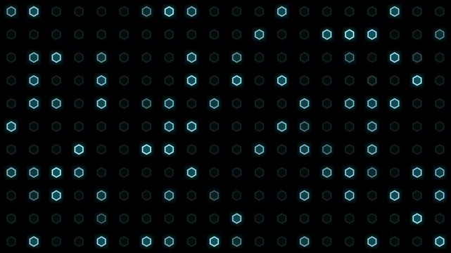 Abstract digital hexagon grid background. Neon blue glowing hexagonal shape patterns blinking on black. Cyberpunk futuristic tech texture. Cyber security data flow network motion graphic loop