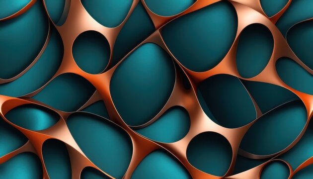 Teal oval shapes bounded by metallic copper network in abstract