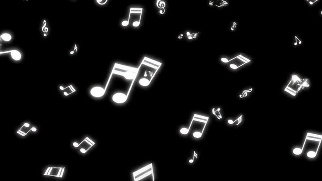 Floating, glowing musical notes on a dark background. Notes of various types