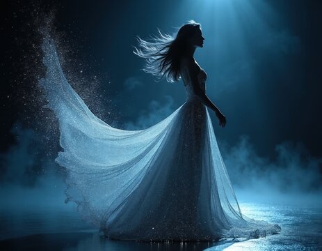 Woman in sparkly dress dissolves into light particles. Ethereal figure walks through smoke in dark blue light. Dreamlike fantasy scene with glowing fabric. Mysterious, magical, elegant, surreal.
