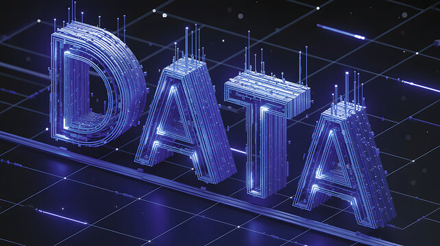Futuristic 3D render of the word DATA formed by glowing blue digital lines and circuits on a dark grid background. Concept of big data, technology, and cyberspace.
