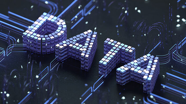 Futuristic 3D render of the word DATA formed by glowing blue digital lines and circuits on a dark grid background. Concept of big data, technology, and cyberspace.