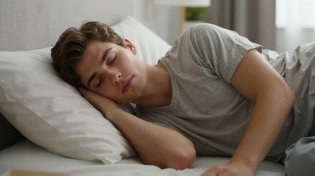 Young man sleeping on side in cozy bedroom setting