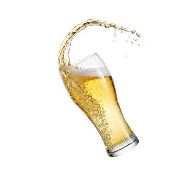 Crystalline glass violently tilted, golden pale ale erupting in a frozen arc, white foam, macro close-up, high-gloss white surface reflection against pure background, dynamic advertising concept