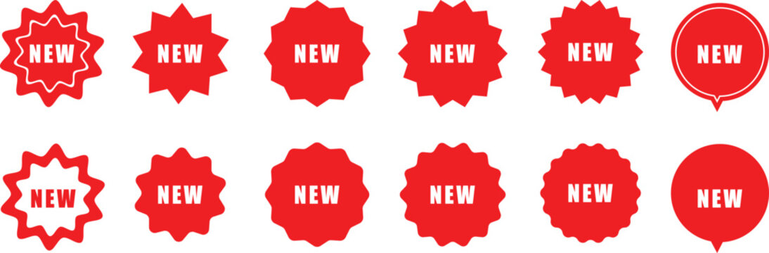 Collection of red starburst and circular speech bubble shapes with jagged edges containing the word new isolated on a white background