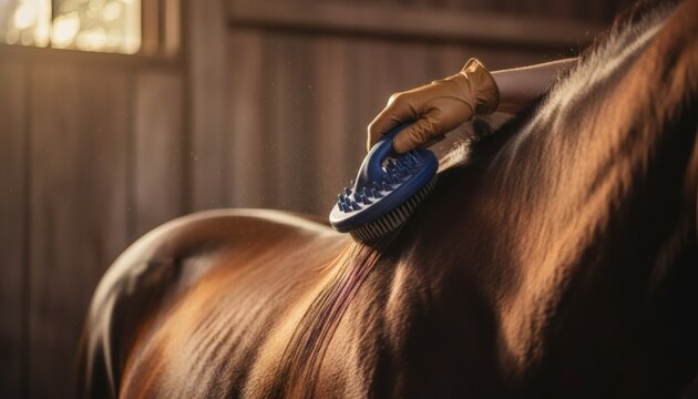 Hands of an equestrian grooming a horse with a curry comb inside a rustic stable, highlighting horse riding preparation, animal care, and bonding concept