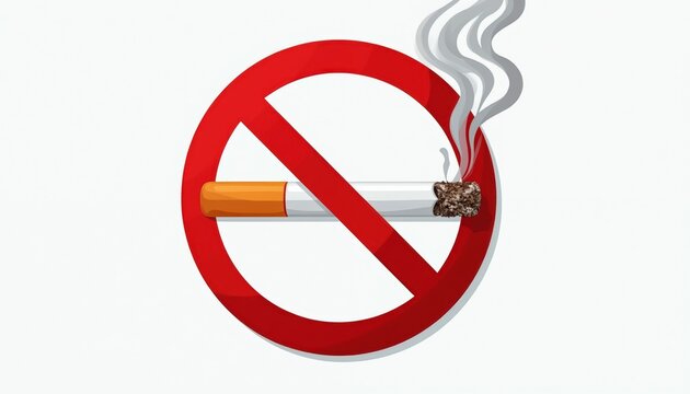 Red prohibition sign crossed cigarette. Symbolises no smoking area public places. Health campaign against tobacco, addiction, bad habit. Quit smoking, passive smoke warning. Indoor outdoor