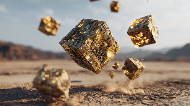 Gold Cubes in Desert: Abstract golden cubes with rough textures float above a dry, arid desert landscape under a clear sky, creating a surreal and mysterious scene.