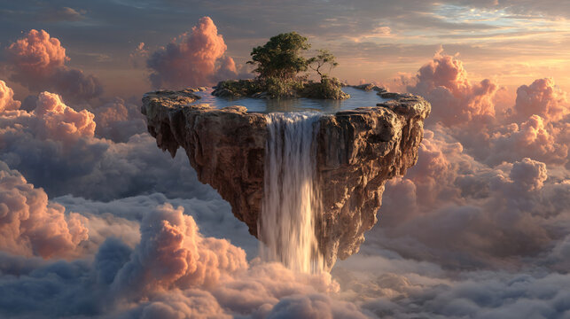 Floating Island Oasis: A surreal, dreamlike landscape featuring a small, verdant island with a lone tree and a waterfall cascading from its edge, suspended serenely amidst a sea of soft.
