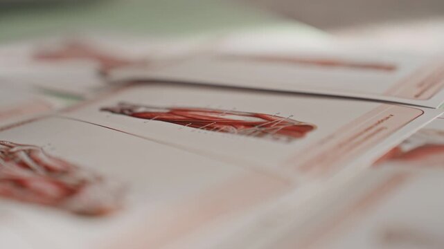 Home workout flashcards on table, hands flipping through printed exercise illustrations in soft natural light, closeup paper cards showing moves, calm focused planning scene for athome training