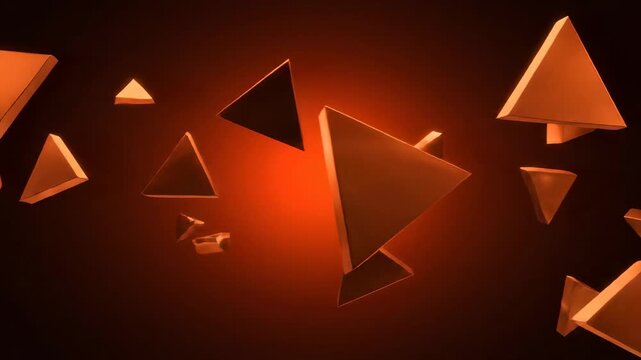 Floating gold-hued triangular prisms against a red gradient