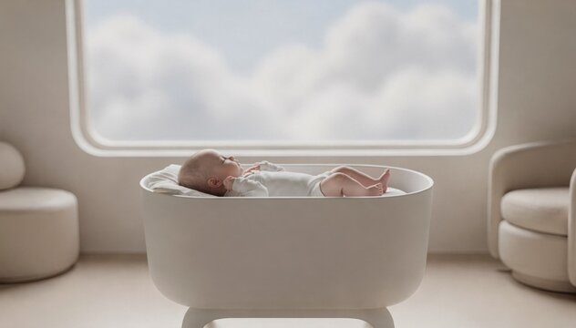 Dreamy minimalist 3D scene featuring a calm infant in a contemporary bassinet soft diffused light highlighting matte textures subtle rounded furniture and blurred soft clouds