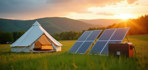 Obraz premium Bell tent with portable solar panels and power station in grassy field. Sunset over hills, rural landscape. Sustainable living, off-grid camping, eco travel.