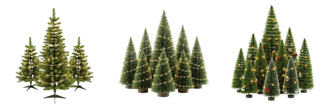 Set of a group of miniature decorative Christmas trees, perfect for winter holiday branding, festive seasonal marketing, and home decor photography