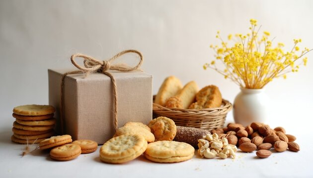 Gift box with assorted cookies nuts and yellow flowers. Celebration food treat arrangement for holiday. Festive bakery dessert basket with baked goods.