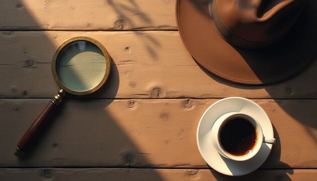 Magnifying glass, coffee cup, and fedora hat rest on a wooden table. This image suggests investigation, detective work, or a journey of discovery during morning light.