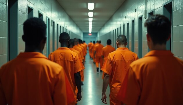 Prisoners in orange jumpsuits walk down sterile hallway lined with cells. Inmates move in single file, numbers creating sense of institutional conformity. Scene suggests confinement, justice system.