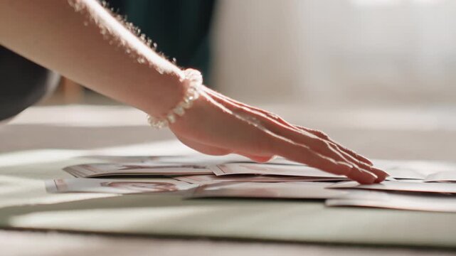 Caucasian woman arranging photos on mat with water bottle nearby, pearl bracelet brushing image edges under soft sunlight, living room floor layout for fitness goals and memory planning, calm